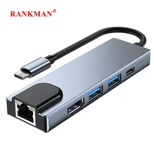 Rankman Type-C to RJ45 Lan Ethernet 4K HDMI-compatible USB 3.0 C Dock Adapter for MacBook Samsung S20 Dex Xiaomi 10 TV Nintendo