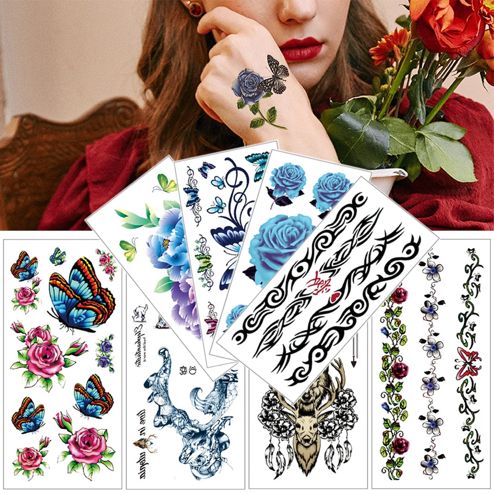 

Водостойкие татуировки, наклейки, Бабочка, цветок, временная татуировка, ручное лицо, акварель, татуировка для тела, панда, волк, Водные Пере...