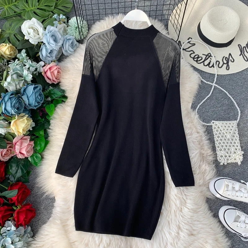 Long Sleeve Women Dress 2020 Autumn Mesh Patchwork Knitted Boho Beach Dresses Female Casual Black Mini Party Vestido | Женская одежда
