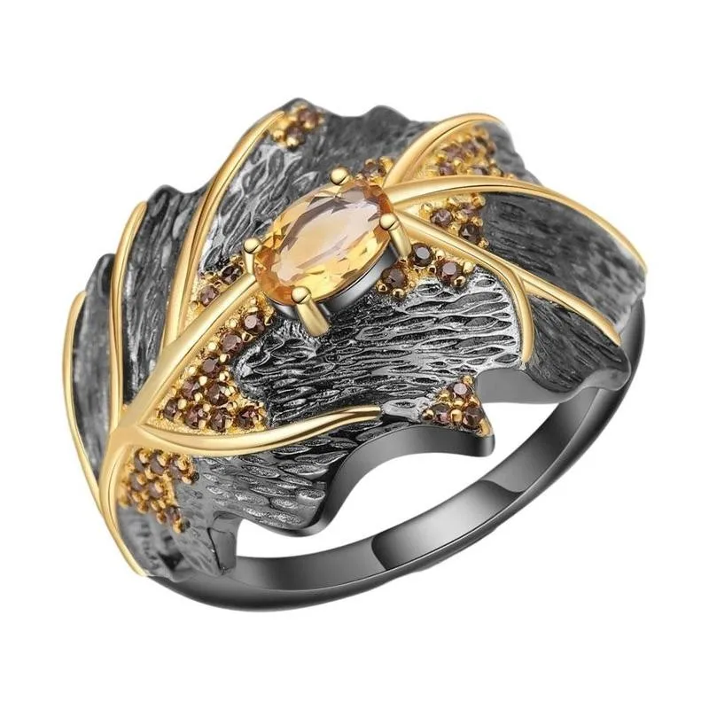 

Retro Oval Crystal Wedding Rings for Women Elegant Lady Black Gold Leaves Ring Female Jewelry Accessories SIZE 5-10