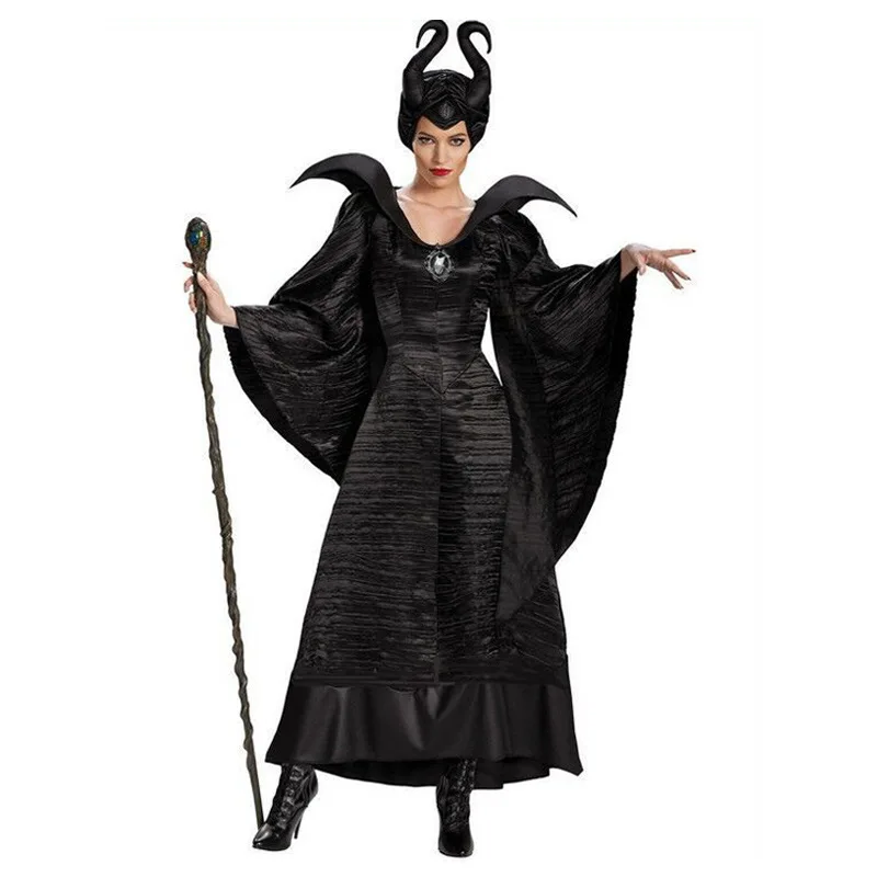 

Deluxe S-2XL Halloween Movie Sleeping Beauty Witch Maleficent Costume For Adult Women Evil Witch Dress Horn Hat Outfit