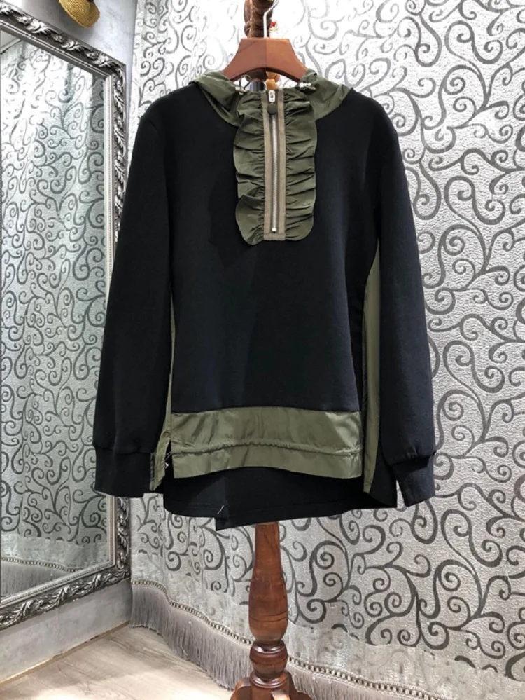 

Autumn Clothing Spring 2021 Fashion Style Women Hooded Color Block Patchwork Long Sleeve Grey Black Casual Sweatshirts Tops