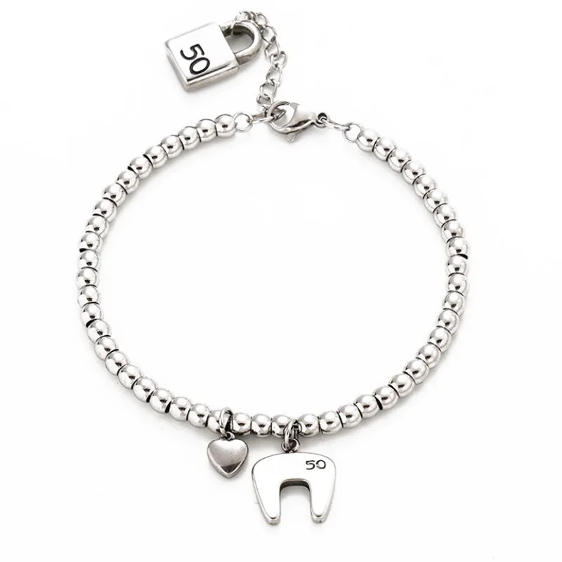 

Fashion Stainless Steel Bracelet Simple 4mm Bead Chain Lock Geometric Love Heart Pendant Men and Women UNO Bracelet Jewelry