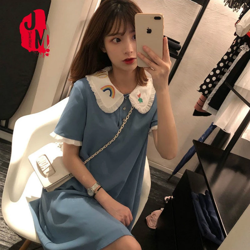 Модная футболка платье для женщин лето 2019 вышивка поло Прямая рубашка платья