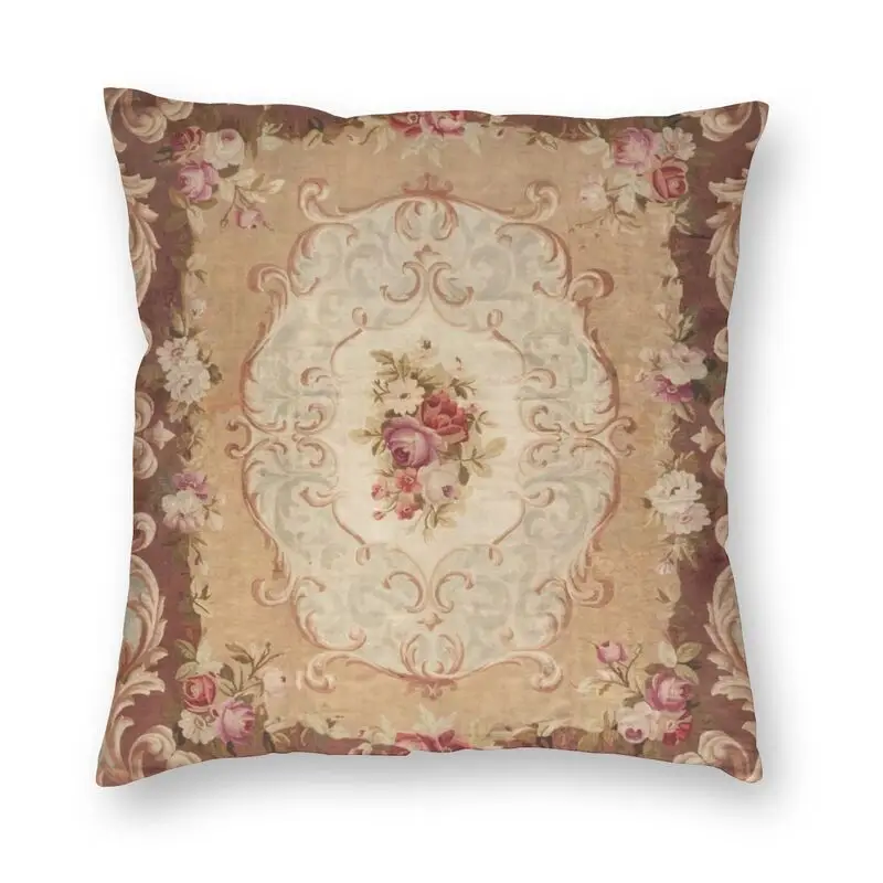 

Antique Rose Floral French Aubusson Rug Print Square Pillow Cover Decoration Carpet Cushions Throw Pillow for Living Room