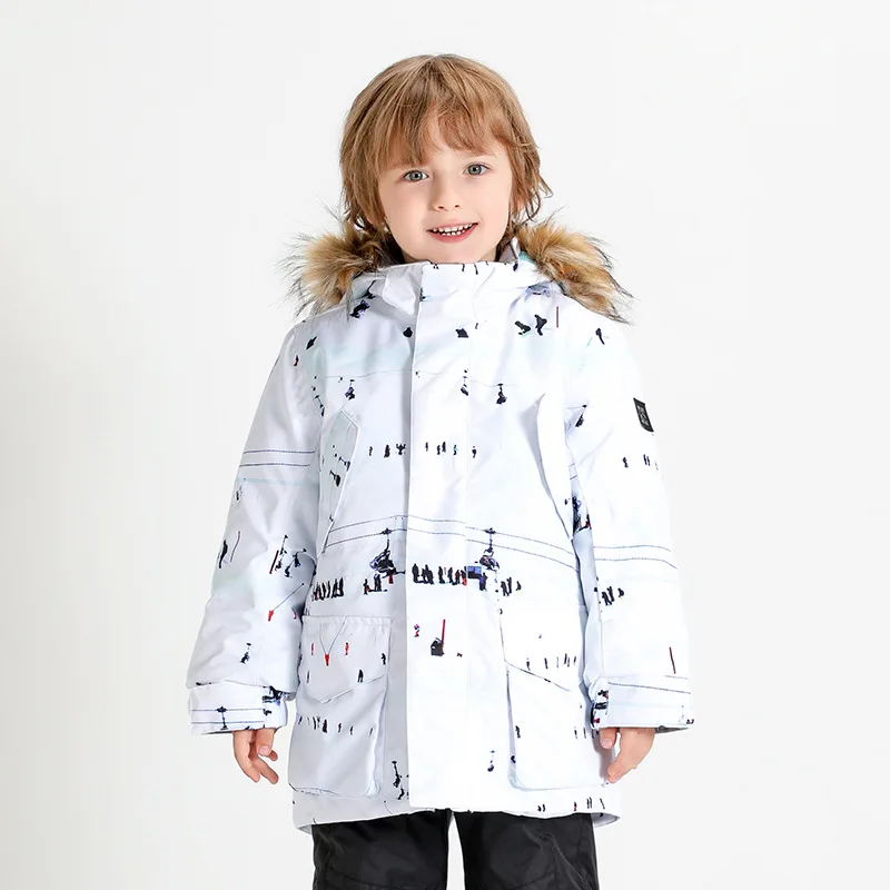 Детские зимние белые лыжные куртки с юбкой порошком для мальчиков