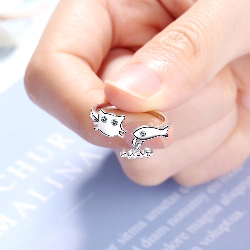 

Korean Fashion Hanging Zircon Tassel Cat and fish bones 925 Sterling Silver Rings For Women Adjustable Finger Jewelry
