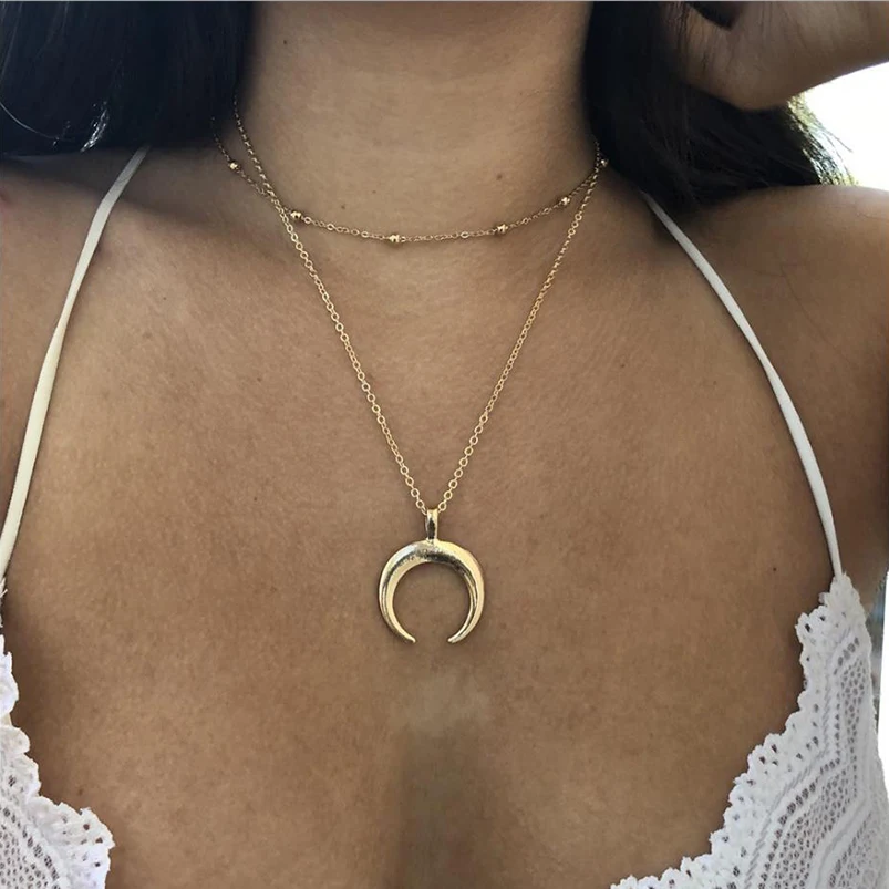 

Two layers Necklace metal Bead choker plated chain moon Ox horn pendant Silver color gold color for women gift