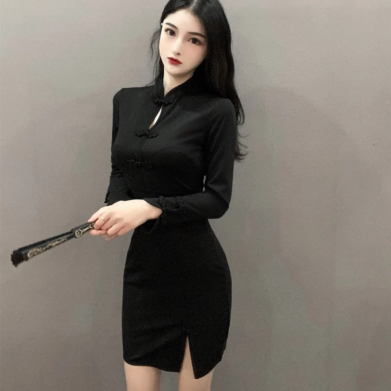 Женское мини-платье-Ципао Sungtin винтажное классическое элегантное тонкое черное