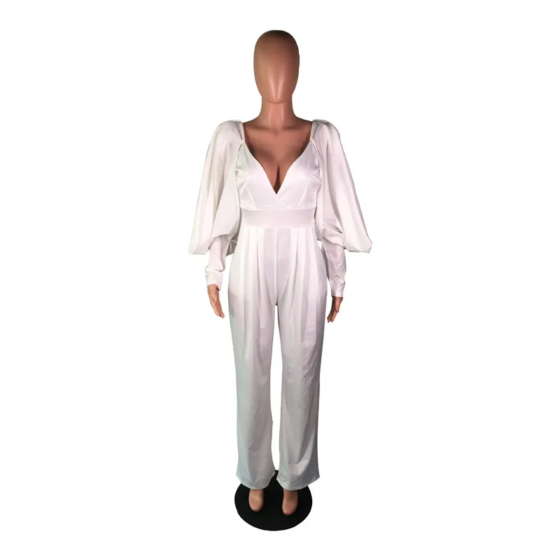 

Wholesale Dropshpping 2020 Long Sleeve Women Jumpsuit New Design High Quality Casual Sexy V-neck Solid Color Open Back Jumpsuit