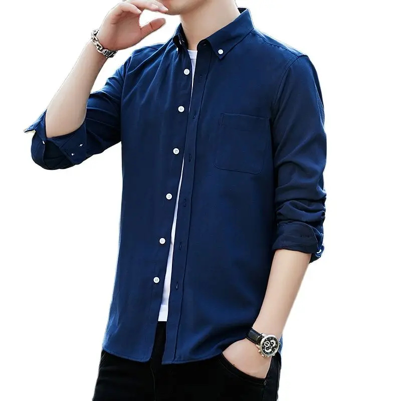 

Мужская рубашка с длинным рукавом, голубая Однотонная рубашка с воротником на пуговицах, с длинным рукавом, 5 цветов, весна-лето 2021