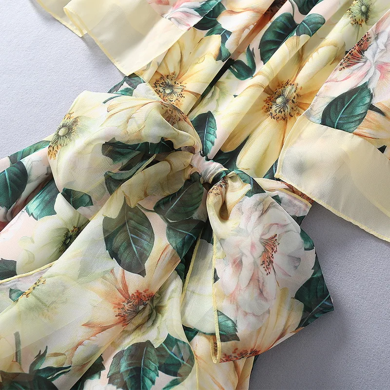 

European and American women's clothing 2021 The new spring Floral print with flounces lace-up Fashion dress