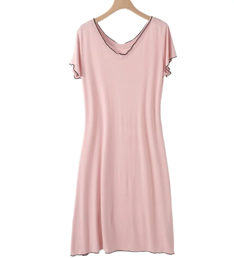 Summer New Modal Nightdress Women's Korean V-neck Short Sleeve Solid Slim Dress Medium Length Nightgowns Homewear Sleepwear