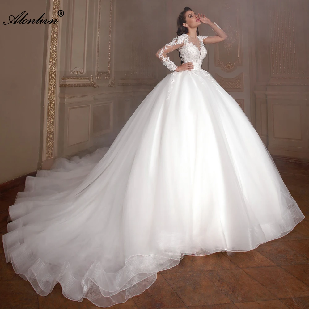 

Alonlivn Luxury Ball Gown Wedding Dresses Beading 3d Appliques Full Sleeves Silky Organza Long Train Puffy Ball Gown Bride Skirt