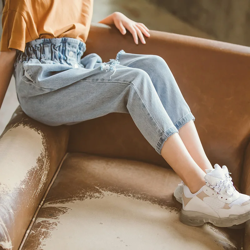 Джинсы с завышенной талией для девочек облегающие рваные брюки повседневные