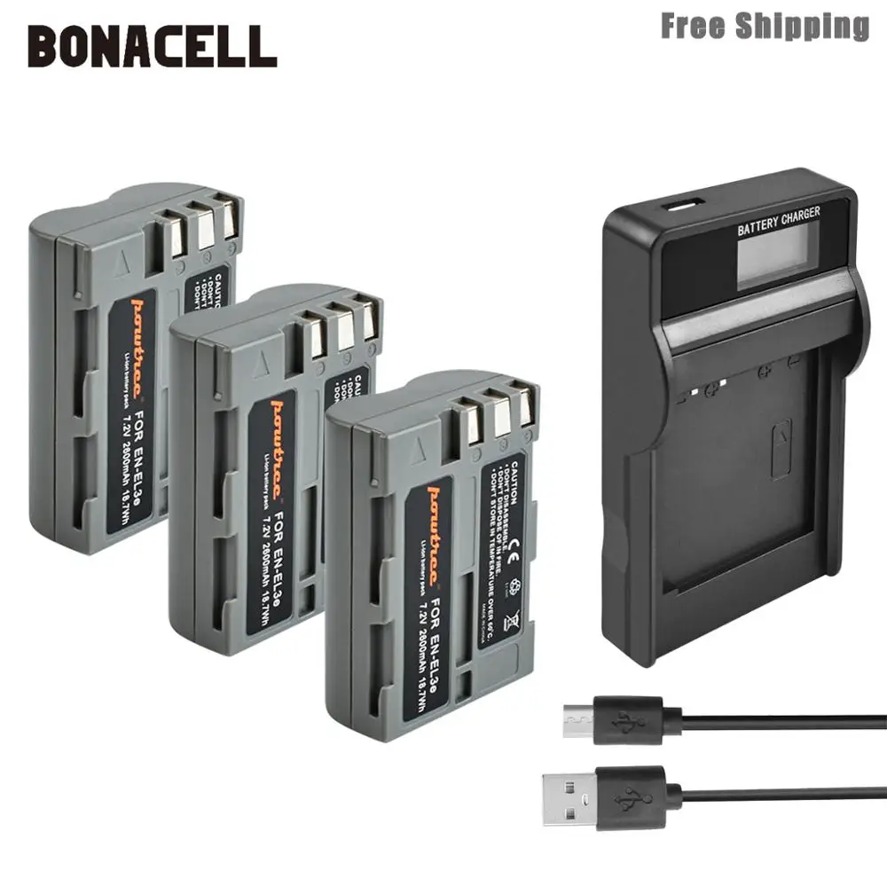 Bonacell 2600 мА/ч, EN-EL3e RU EL3e EL3a ENEL3e Батарея+ Батарея ЖК-дисплей Зарядное устройство для Nikon D300S D300 D100 D200 D700 D70S D80 D90 D5 L50 - Цвет: 3XBatteryLCDCharger