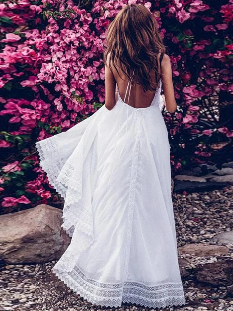 Honeymoon Deep V Neck Beach Dress White Coverup Backless Womens Tunic Long Dress Beach Bathing Suit Cover Ups Bride Swimsuits