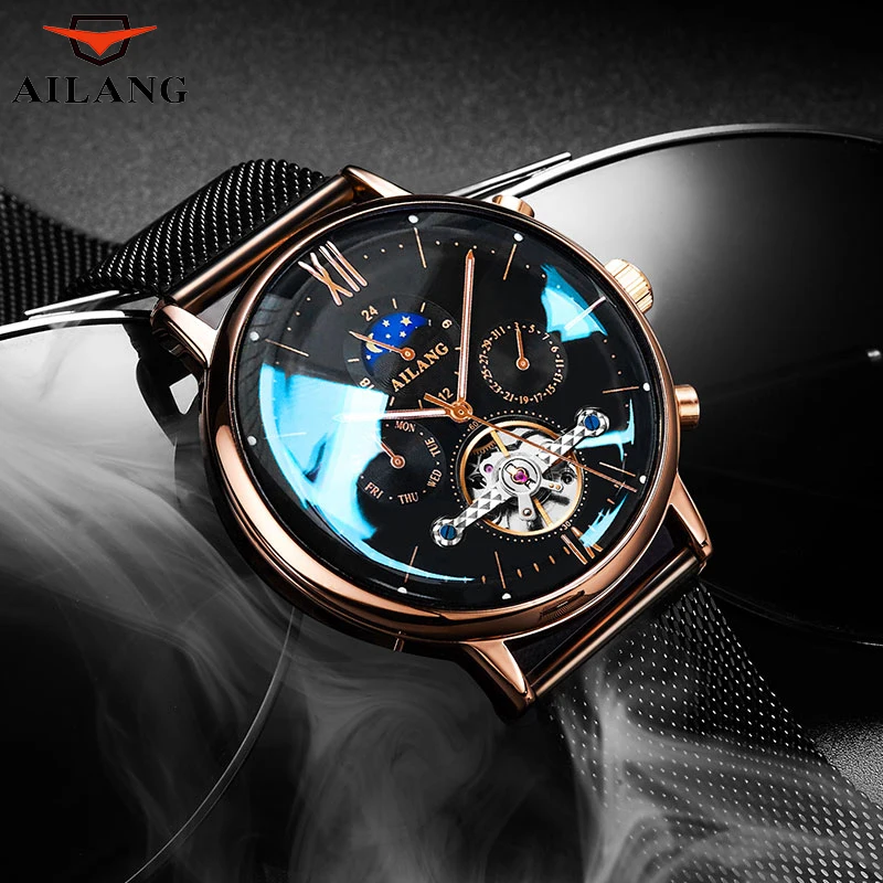 AILANG Fashion Men's Watch Tourbillon Automatic Watches New Design Moon Phase Wristwatches Waterproof Business montre homme
