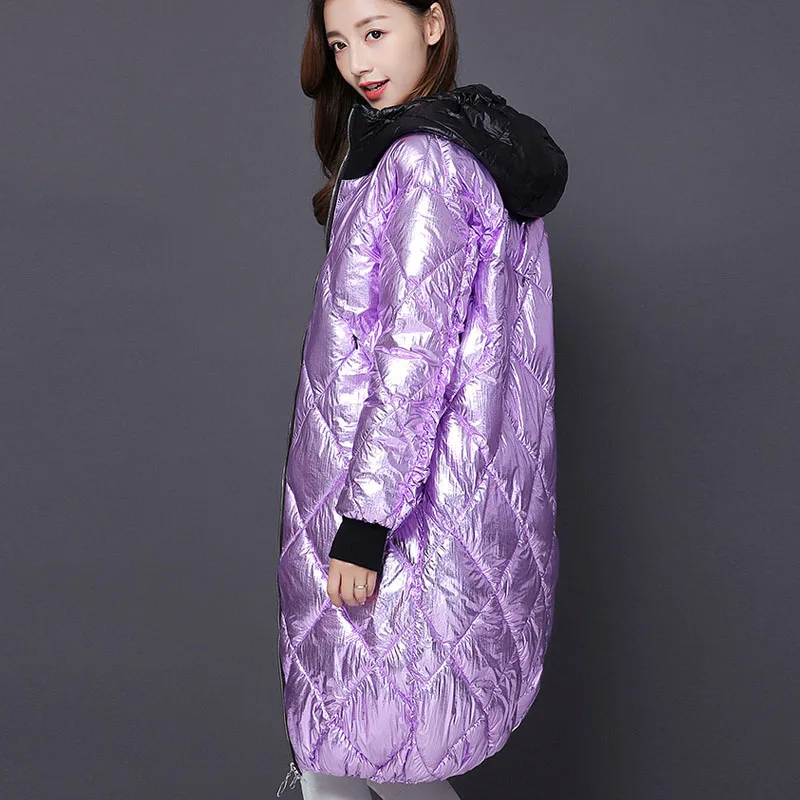 Purple Vangull, женские зимние парки с капюшоном, пальто, высокая уличная мода, металлический цвет, сплайсированные Длинные парки, новая глянцевая Свободная верхняя одежда на молнии - Цвет: Purple