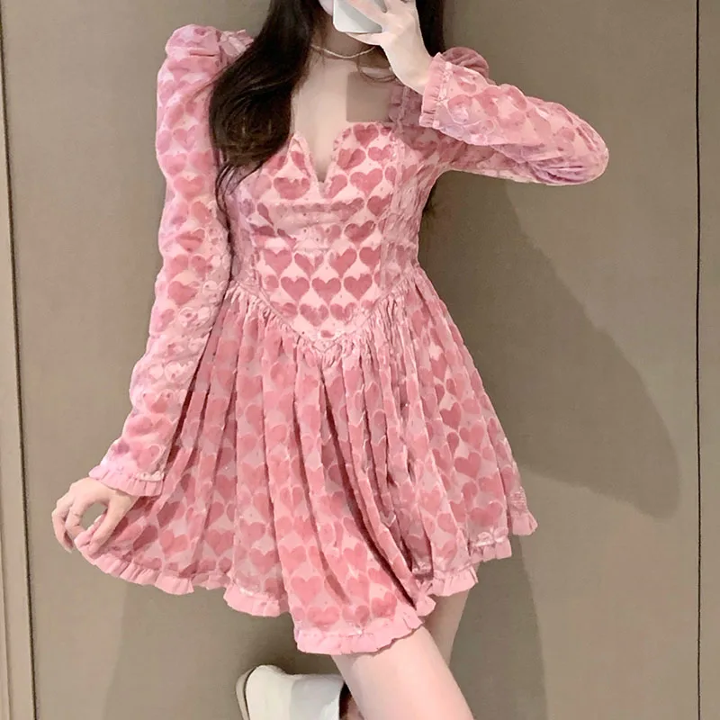 

New Arrival Autumn Winter One-Piece French Velvet Dresses Female Japanese Fashion Niche Waist Pink Love Base A-Line Short Dress