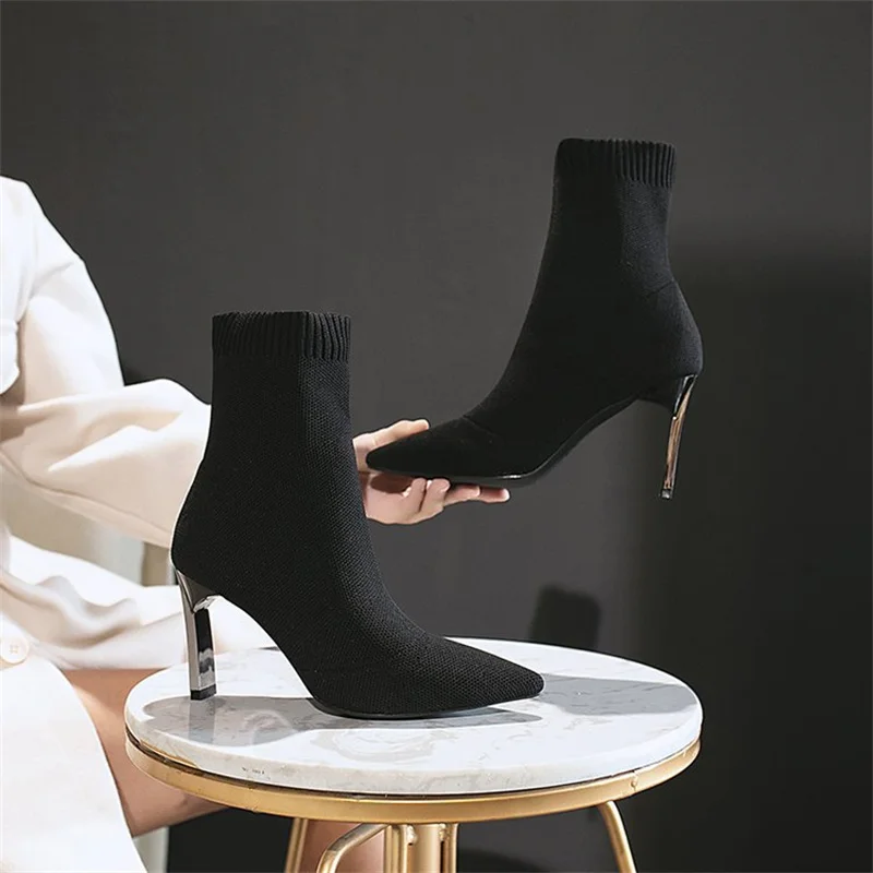 Sock Ankle Boots Women High Heels Casual Boots for Women Fashion Heels Pointed Toe Pink Black Boots Female Women Shoes High Heel