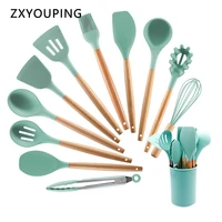 silicone cooking utensils set non stick spatula shovel wooden handle cooking tools set with storage box kitchen accessories