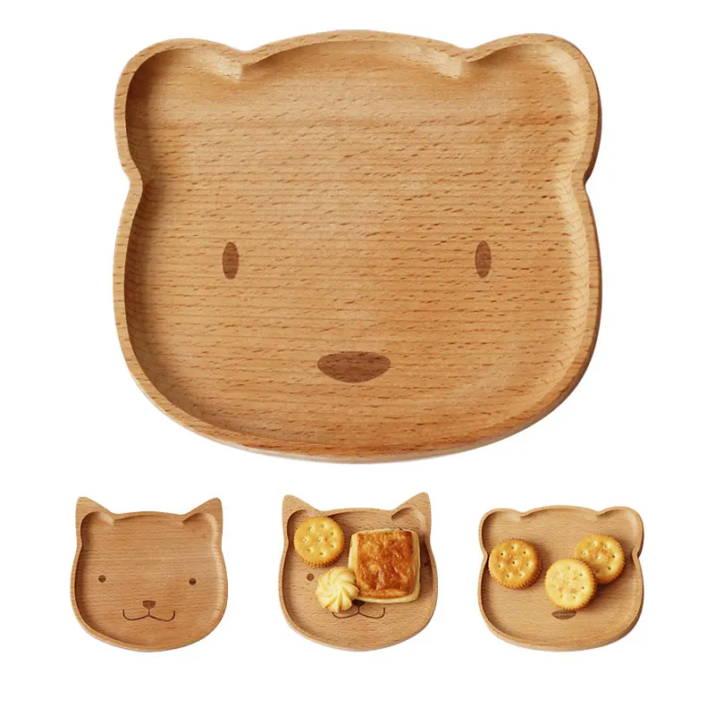 Обеденная тарелка из массива дерева с изображением животных котенка медведя