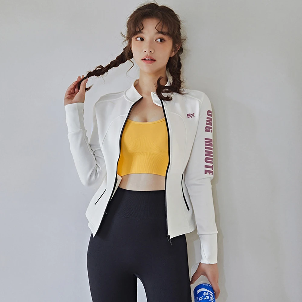 

Autumn Windproof Zipper Women Running Jacket Elastic Tight Yoga Tops Women Outdoor Running Long Sleeve Shirts With Thumb Holes