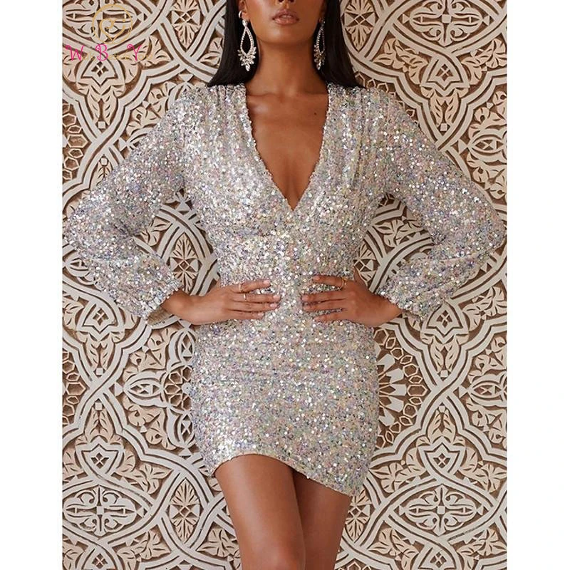 

Women's Sheath Prom Dress 2022 Short Mini Dress Silver Sequined Reflective Formal Party Gowns Long Sleeve Summer V Neck Evening