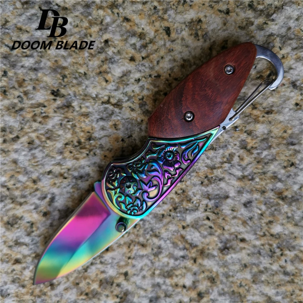 Multicolor 135 мм(5,3 '') 58HRC складной нож Karambit тактические спасательные карманные ножи деревянная ручка коготь из Нержавеющей Стали походный охотничий нож - Цвет: Multicolor
