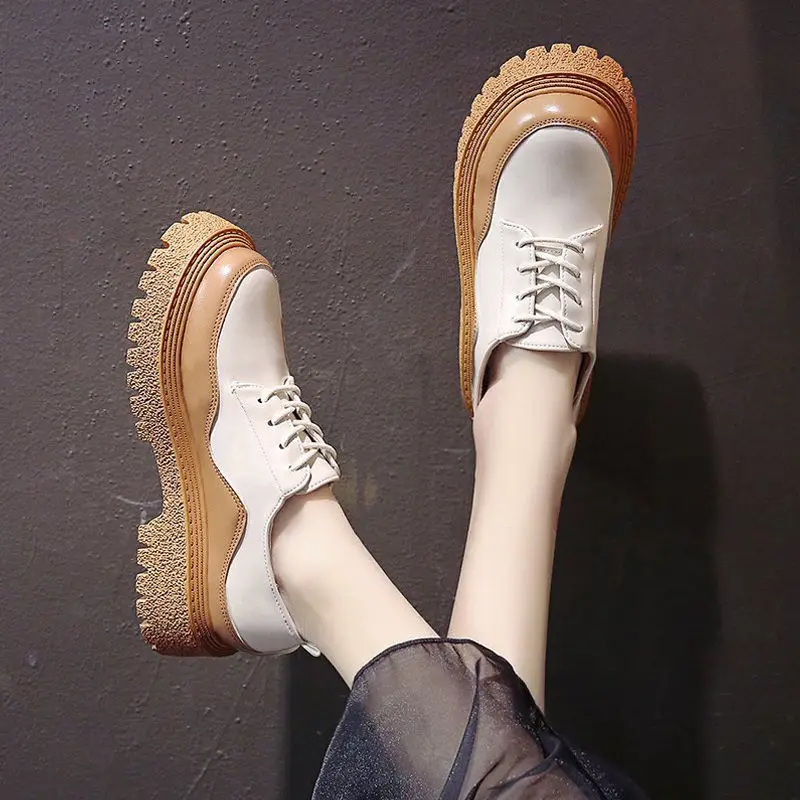 

2021 Fashion British Style Vintage Women's Platform Shoes Soft Comfort Lace Up Casual Platform Shoes For Woman Zapatos De Mujer
