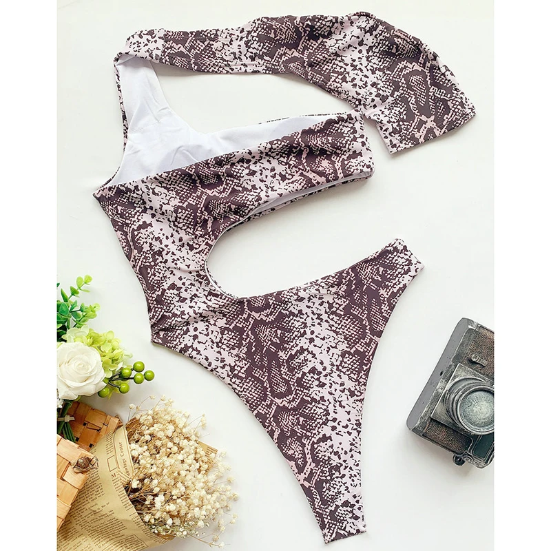 

QINJOYER Sexy One Shoulder Swimsuit Women One Piece Bathing Suits 2021 Monokini Swimwear Snake Print Swimsuit Thong Bikini