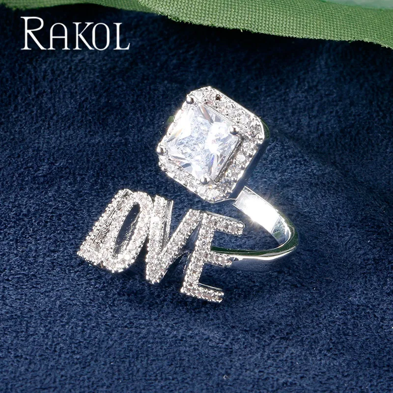 RAKOL Luxury Square Cubic Zirconia Ring for Woman Fashion Love Letter Anniversary Party Dress Wedding fashion Jewelry RR2127 | Украшения и