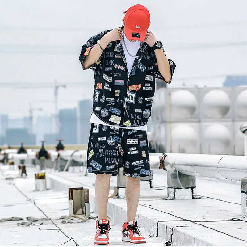 

2021 New Summer Leisure Suits Men Korean Hip-Hop Fashion Casual Beach Resort