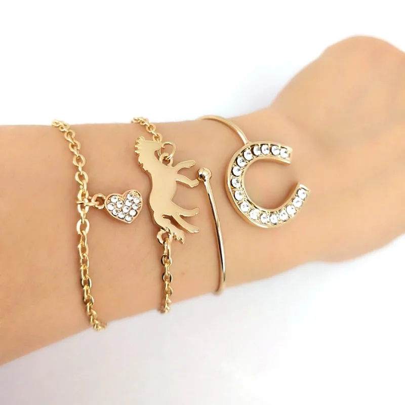 Hzew 3 шт./компл. Золотая лошадь Хрустальная Подкова браслет сердце для любителей