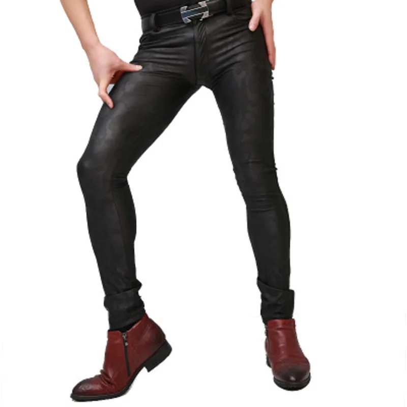 Большие размеры узкие мужские брюки карандаш из искусственной кожи ковбойский