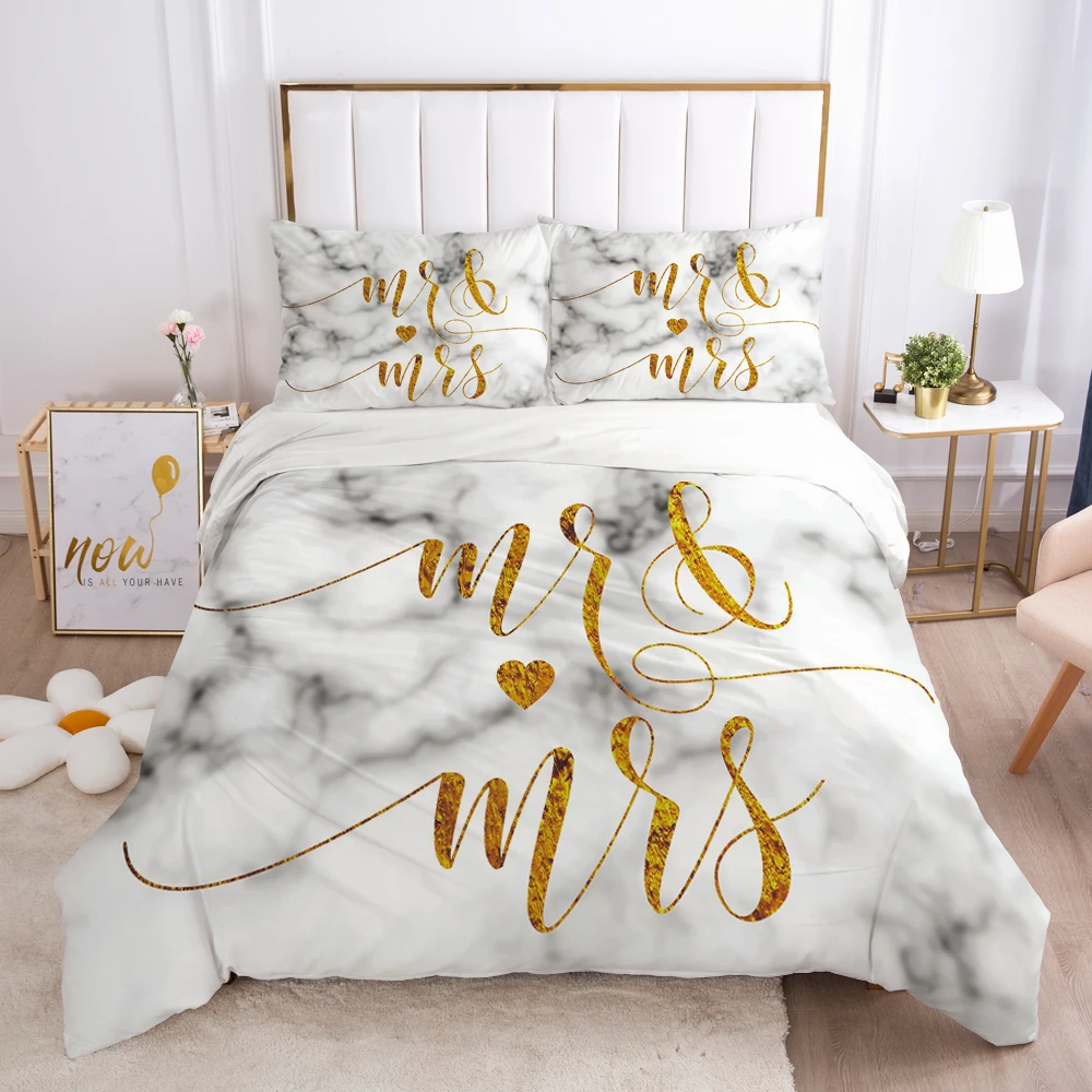 3D Bedding Set Comforter Duvet Cover Pillowcases Luxury Bed Linens Set Queen/King Europe Russia Size Nordic Marble Mr&Mrs