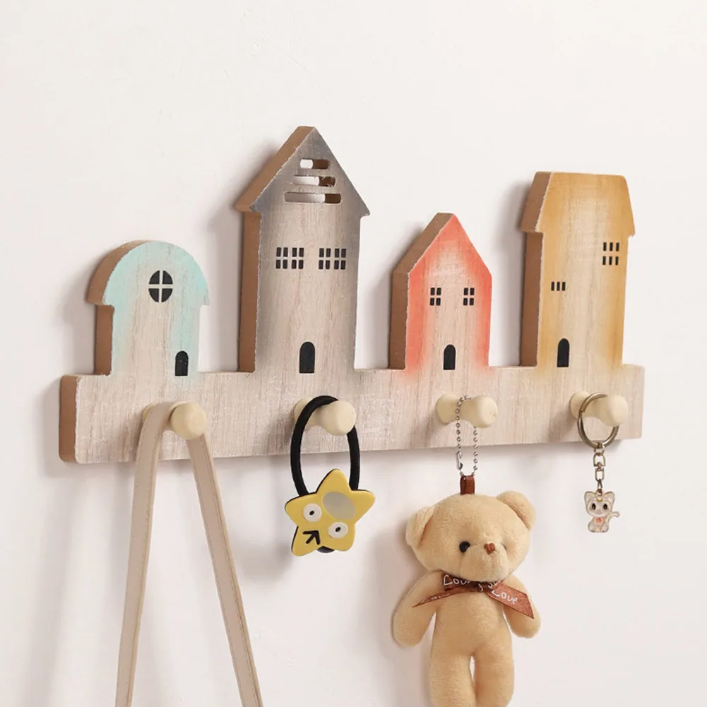 

Punch Free Hanging Hook Bathroom Wall Mounted Wood House Shape Storage Organizer Door Back Clothing Hanging Hook