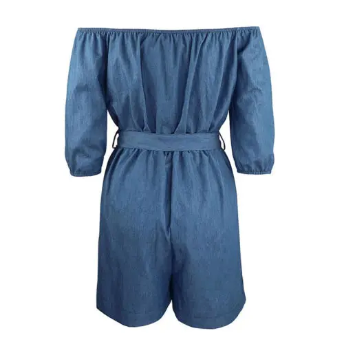 

Womens Off Shoulder Playsuit Ladies Summer Shorts Denim Jumpsuit Size 8-18
