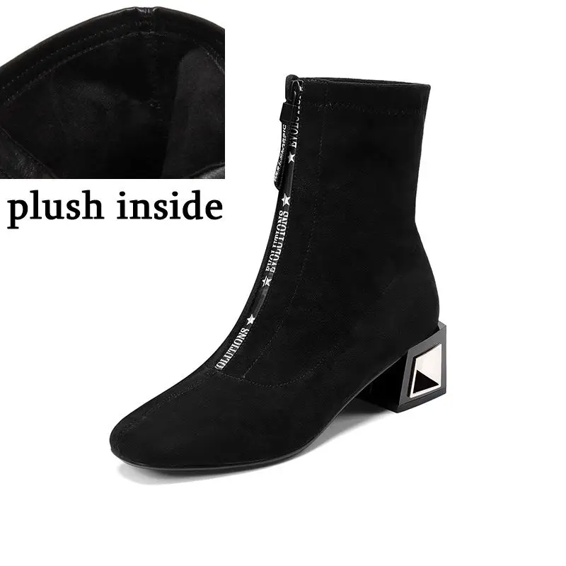 plush inside ALLBITEFO/Брендовые женские ботинки; Высококачественные эластичные однотонные ботильоны из флока; сезон осень-зима; классические модные ботинки для девочек - Цвет: plush inside