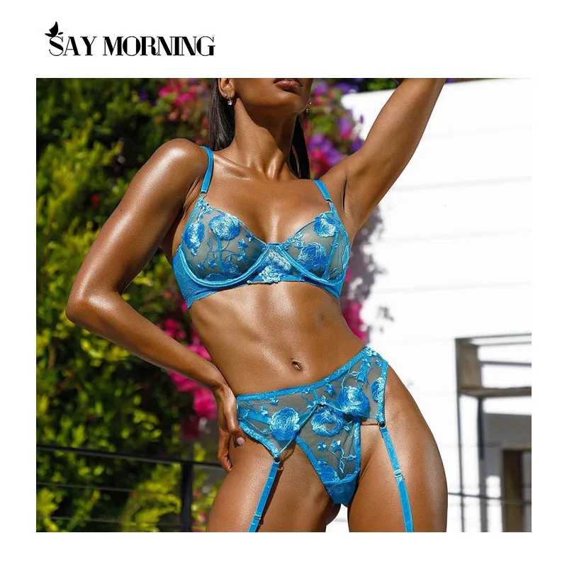 

SAY MORNING Women Sexy Lace Eyelash Underwear Set Thin Transparent Lingerie Underwire Gather Bra And Thong Garter