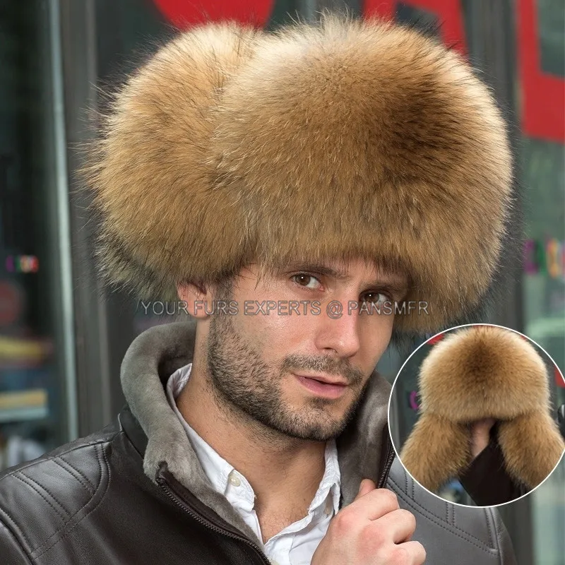 Handmade Men Winter Real Raccoon Fox Fur Outdoor Super Warm 100% Natural raccoon fur Hats  Genuine fox Fur Cap
