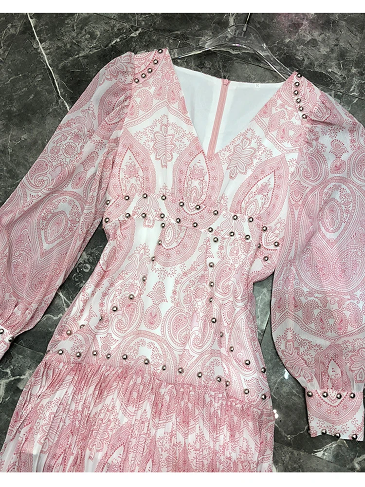 

Heavy craftsmanship, beading, willow nails, V-neck, high waist, retro, printed, loose, large hem, dress, new autumn