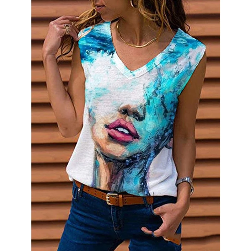 

Summer New Women's Vest Tops V Neck Printing Sleeveless Pullover Casual Loose T Shirt Plus Size Clothing