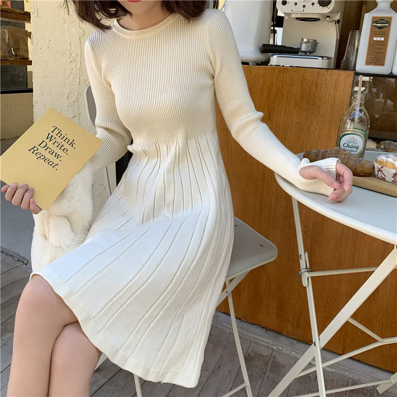 

elegant Long sleeve OL O-neck long Sweater dress women Thick knit Autumn Winter dress female Slim A-line basic dress casual