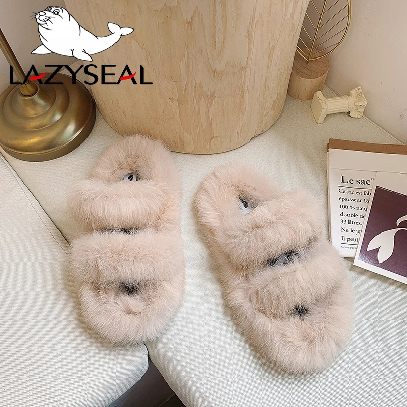 LazySeal/женские тапочки с натуральным мехом новые тапочки их меха под кролика домашние Шлепанцы женские пушистые домашние вьетнамки