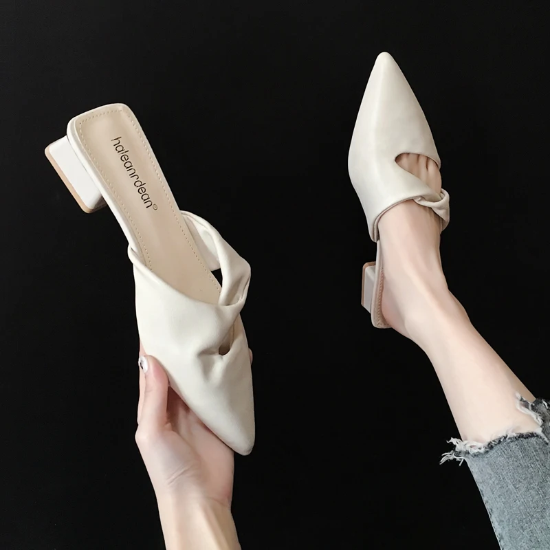 

Cover Toe High-Heeled Shoes Lady Med Slippers Soft Slides Square heel Mules For Women 2021 Fashion Pantofle Comfort Block Pointe