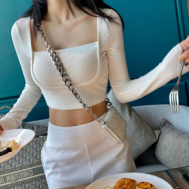 

Design Sense Niche Ins Fake Two-Piece Knitted Sweaters T-shirt Female 2021 New Short Square Collar Bottoming Shirt Slim Long