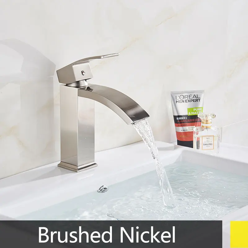 brushed nickel Хром/шар/матовый/Золотой смеситель для раковины водопад кран Носик горячая холодная палуба крепление Смеситель кран кухня умывальник смесители - Цвет: brushed nickel