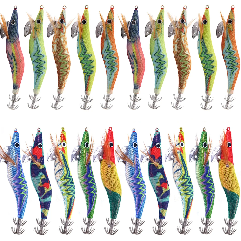 

20Pcs/Box Squid Lures Wood Shrimp Lures Jig Hook For Octopus Cuttlefish Artificial Jigging Lures Hard Squid Baits